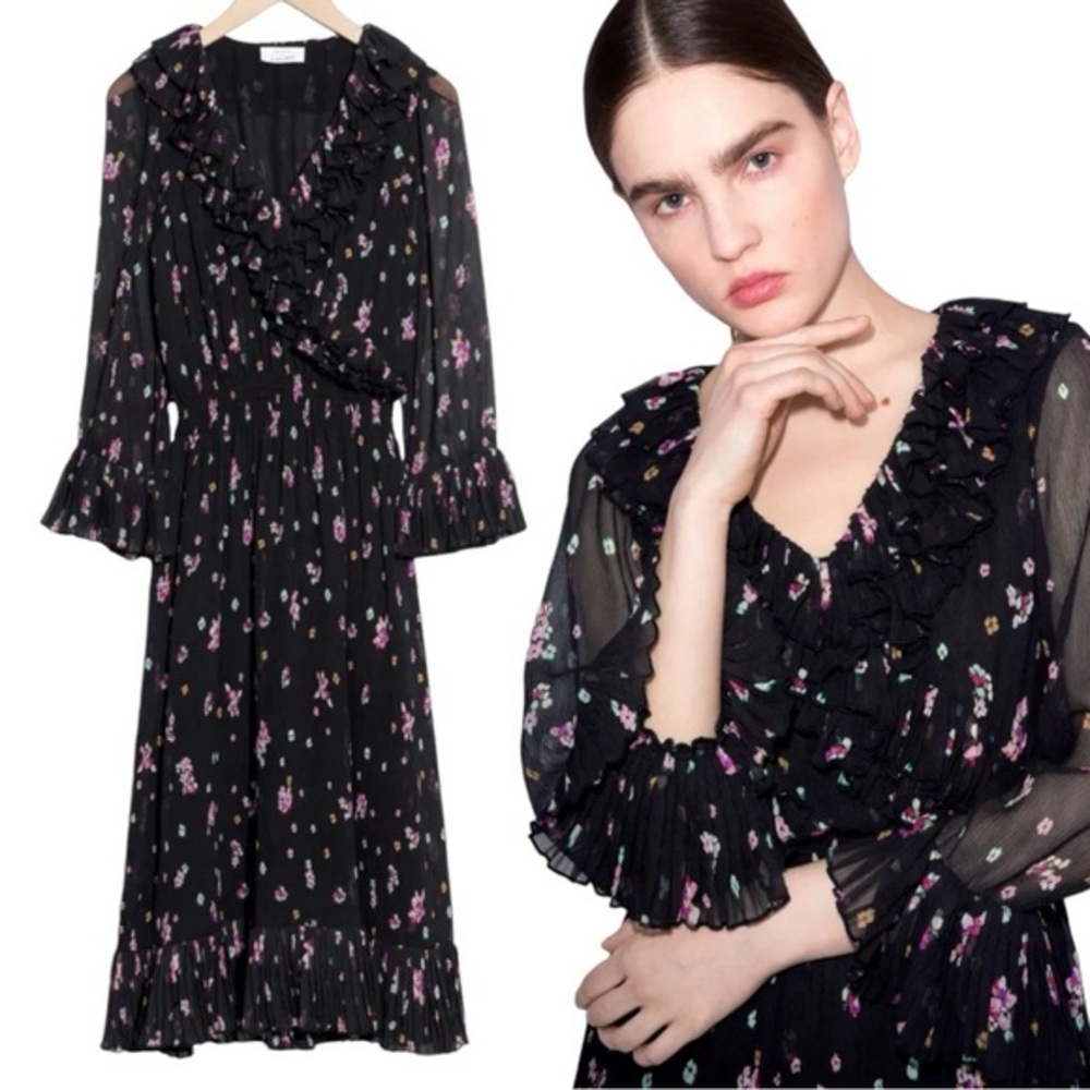 & Other Stories Floral Print Wrap Ruffle Midi Dress Size 4